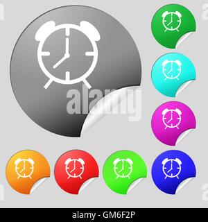 Alarm clock sign icon. Wake up alarm symbol. Set of eight multi colored round buttons, stickers. Vector Stock Vector