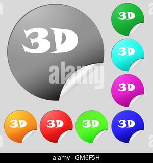 3D sign icon. 3D-New technology symbol. Set of eight multi colored round buttons, stickers. Vector Stock Vector
