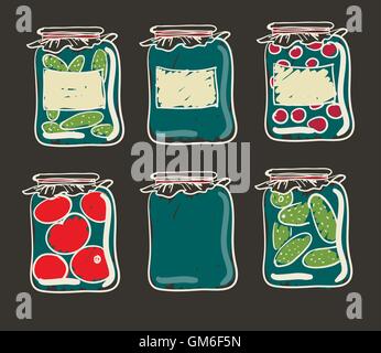 Jars with preserves homemade vegetables and jam. Stock Vector