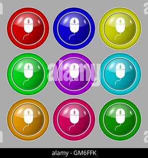 Computer mouse sign icon. Optical with wheel symbol. Symbol on nine round colourful buttons. Vector Stock Vector