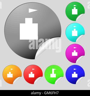 tower icon. Set Flat modern. Set of eight multi colored round buttons, stickers. Vector Stock Vector