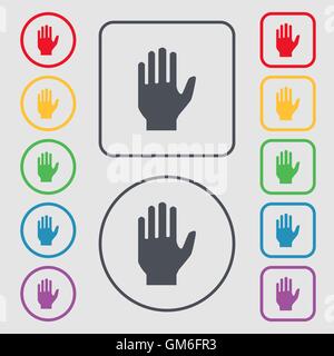 Hand print sign icon. Stop symbol. Symbols on the Round and square buttons with frame. Vector Stock Vector