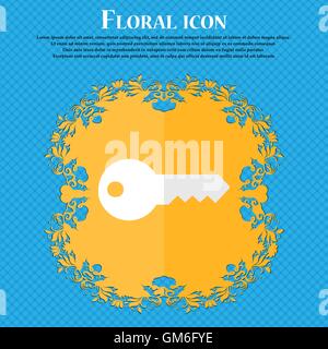 key. Floral flat design on a blue abstract background with place for your text. Vector Stock Vector