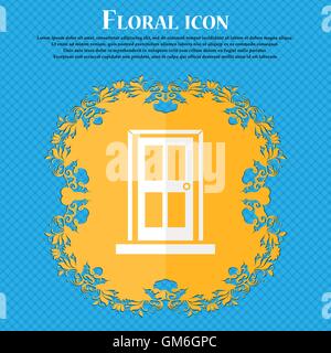 Door icon sign. Floral flat design on a blue abstract background with place for your text. Vector Stock Vector