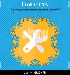 screwdriver, key, settings. Floral flat design on a blue abstract background with place for your text. Vector Stock Vector