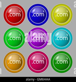 Domain COM sign icon. Top-level internet domain symbol. Symbol on nine round colourful buttons. Vector Stock Vector