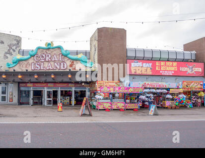 Coral Island arcade in Blackpool and typical tourist shop outside. Stock Photo
