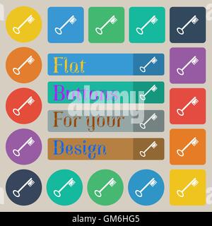 Key icon sign. Set of twenty colored flat, round, square and rectangular buttons. Vector Stock Vector