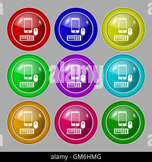 smartphone widescreen monitor, keyboard, mouse sign icon. Symbol on nine round colourful buttons. Vector Stock Vector