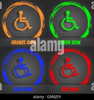 Disabled sign icon. Human on wheelchair symbol. Handicapped invalid sign. Fashionable modern style. In the orange, green, blue, red design. Vector Stock Vector