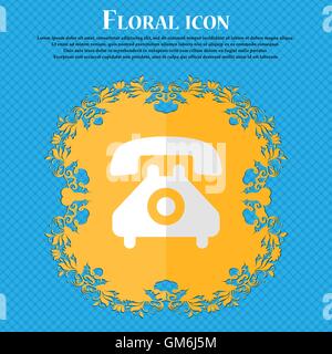 retro telephone handset. Floral flat design on a blue abstract background with place for your text. Vector Stock Vector