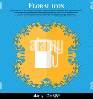 Auto gas station. Floral flat design on a blue abstract background with place for your text. Vector Stock Vector