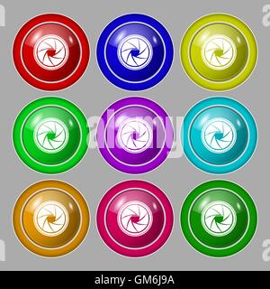 diaphragm icon. Aperture sign. Symbol on nine round colourful buttons. Vector Stock Vector