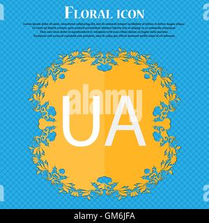 Ukraine sign icon. symbol. UA navigation. Floral flat design on a blue abstract background with place for your text. Vector Stock Vector