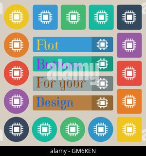 Central Processing Unit Icon. Technology scheme circle symbol. Set of twenty colored flat, round, square and rectangular buttons. Vector Stock Vector