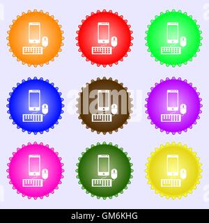 smartphone widescreen monitor, keyboard, mouse sign icon. A set of nine different colored labels. Vector Stock Vector