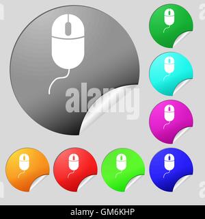 Computer mouse sign icon. Optical with wheel symbol. Set of eight multi colored round buttons, stickers. Vector Stock Vector