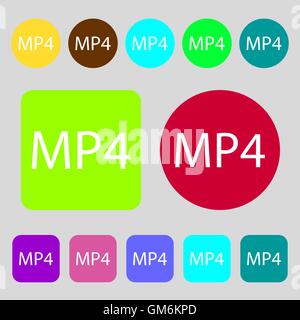 Mpeg4 video format sign icon. symbol. 12 colored buttons. Flat design. Vector Stock Vector