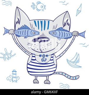 Funny Vector Cat with Fishes Stock Vector