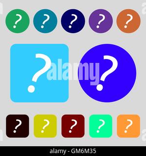 Question mark sign icon. Help symbol. FAQ sign. 12 colored buttons. Flat design. Vector Stock Vector