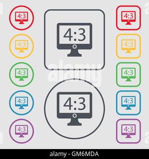 Aspect ratio 4 3 widescreen tv icon sign. Symbols on the Round and square buttons with frame. Vector Stock Vector
