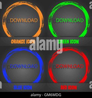 Download icon. Upload button. Load symbol. Fashionable modern style. In the orange, green, blue, red design. Vector Stock Vector