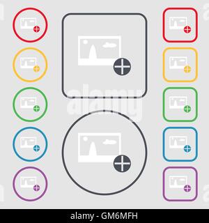 Plus, add File JPG sign icon. Download image file symbol. Symbols on the Round and square buttons with frame. Vector Stock Vector