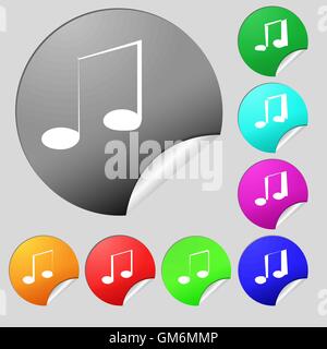 Music note sign icon. Musical symbol. Set of eight multi colored round buttons, stickers. Vector Stock Vector