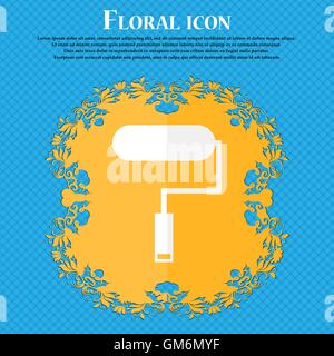 Paint roller sign icon. Painting tool symbol. Floral flat design on a blue abstract background with place for your text. Vector Stock Vector