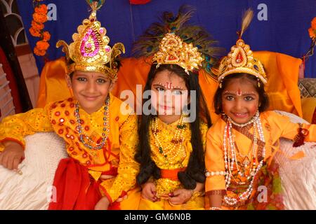 India. 24th Aug, 2016. First step school children dressed as Lord Krishna and Radha to take part in a religious procession on the occasion of Janamashtami in India. Credit:  Shaukat Ahmed/Pacific Press/Alamy Live News Stock Photo