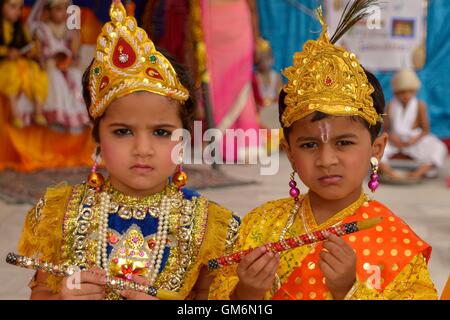 India. 24th Aug, 2016. First step school children dressed as Lord Krishna and Radha to take part in a religious procession on the occasion of Janamashtami in India. Credit:  Shaukat Ahmed/Pacific Press/Alamy Live News Stock Photo