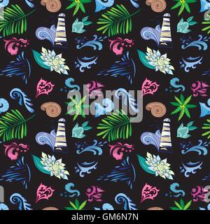 Tropical Vector Pattern on Black Stock Vector