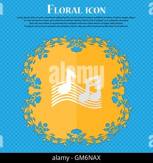musical note, music, ringtone. Floral flat design on a blue abstract background with place for your text. Vector Stock Vector