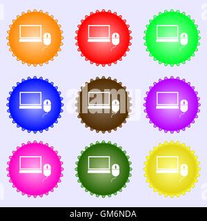 Computer widescreen monitor, mouse sign icon. A set of nine different colored labels. Vector Stock Vector