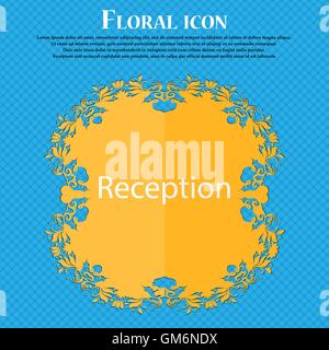 Reception sign icon. Hotel registration table symbol. Floral flat design on a blue abstract background with place for your text. Vector Stock Vector