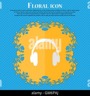 headsets. Floral flat design on a blue abstract background with place for your text. Vector Stock Vector