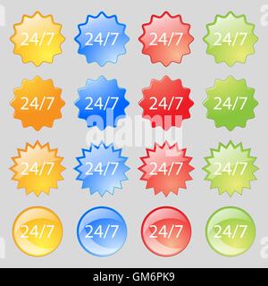 Service and support for customers. 24 hours a day and 7 days a week icon. Big set of 16 colorful modern buttons for your design. Vector Stock Vector