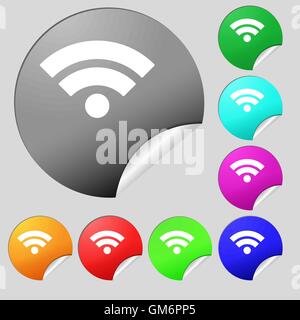 Wifi sign. Wi-fi symbol. Wireless Network icon. Wifi zone. Set of eight multi colored round buttons, stickers. Vector Stock Vector