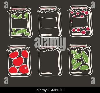 Jars with preserves homemade vegetables and jam. Stock Vector