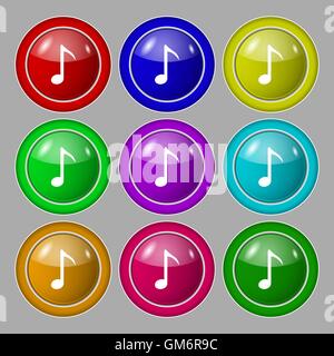 Music note icon sign. Symbol on nine round colourful buttons. Vector Stock Vector