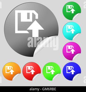 floppy icon. Flat modern design. Set of eight multi colored round buttons, stickers. Vector Stock Vector