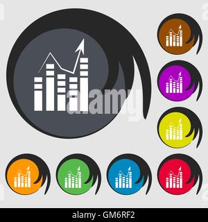 Text file icon. Add document with chart sign. Accounting symbol. Symbols on eight colored buttons. Vector Stock Vector