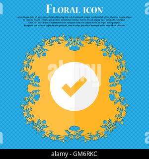Check mark, tik . Floral flat design on a blue abstract background with place for your text. Vector Stock Vector