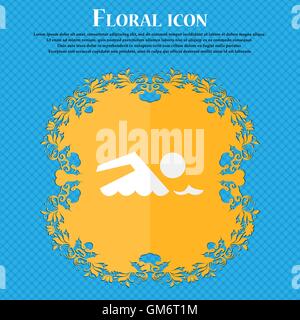 Swimming sign icon. Pool swim symbol. Sea wave. Floral flat design on a blue abstract background with place for your text. Vector Stock Vector