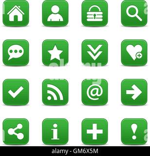 16 green satin icon with white basic sign on rounded square web button with color reflection on background. Stock Vector
