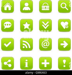 16 green satin icon with white basic sign on rounded square web button with color reflection on background. Stock Vector