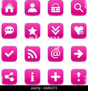 16 pink satin icon with white basic sign on rounded square web button with color reflection on background. Stock Vector