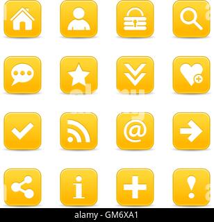 16 yellow satin icon with white basic sign on rounded square web button with color reflection on background. Stock Vector