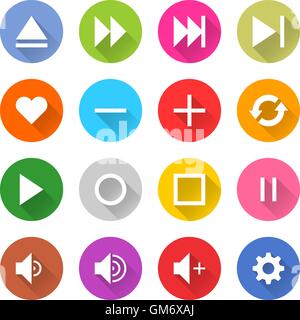 16 media icon set 06 white sign on color. Web internet button on white background. Simple minimalistic mono flat long shadow Stock Vector