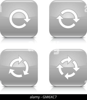 4 arrow icon. White repeat, reload, rotation, refresh sign. Set 02. Gray rounded square button with gray reflection Stock Vector
